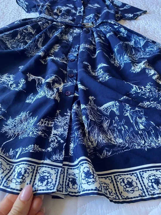 Navy Toile Print Shirt Dress Belted European Summer Style - Picture 3 of 8